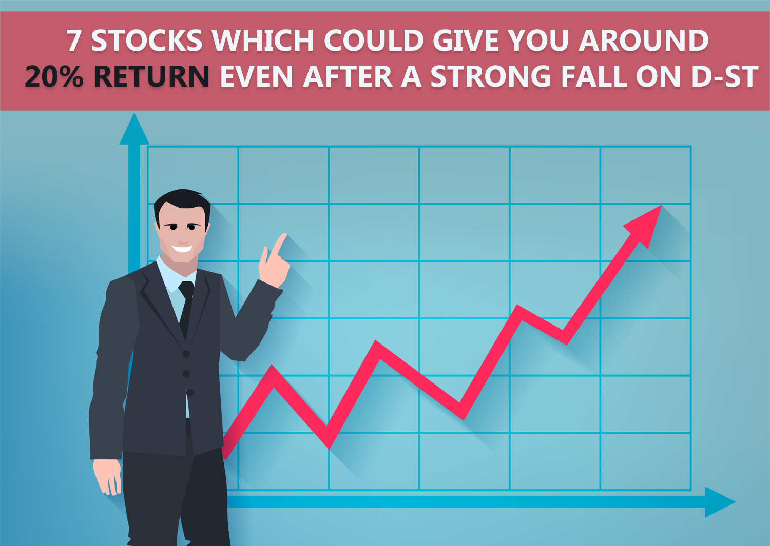 Successful businessman in front of upward development chart poster vector illustration